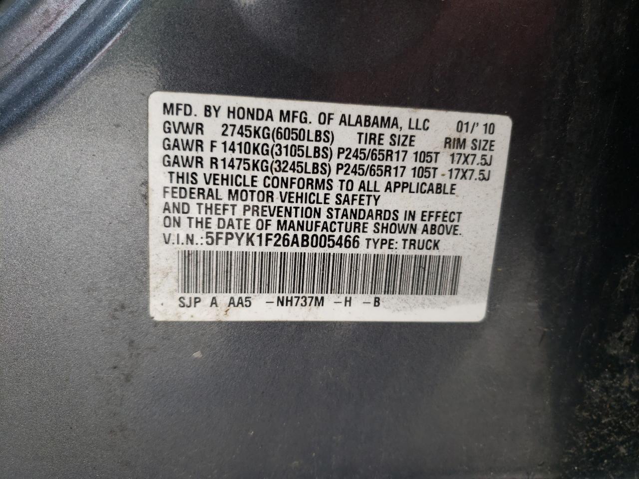 2010 Honda Ridgeline Rt VIN: 5FPYK1F26AB005466 Lot: 59753295