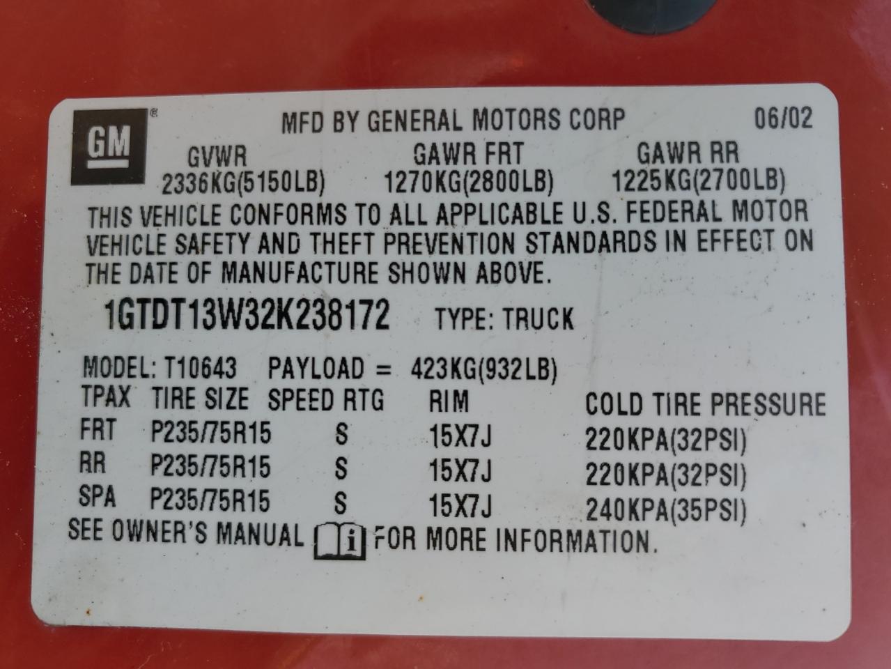 2003 GMC Sonoma VIN: 1GTDT13XX3K134966 Lot: 59076475