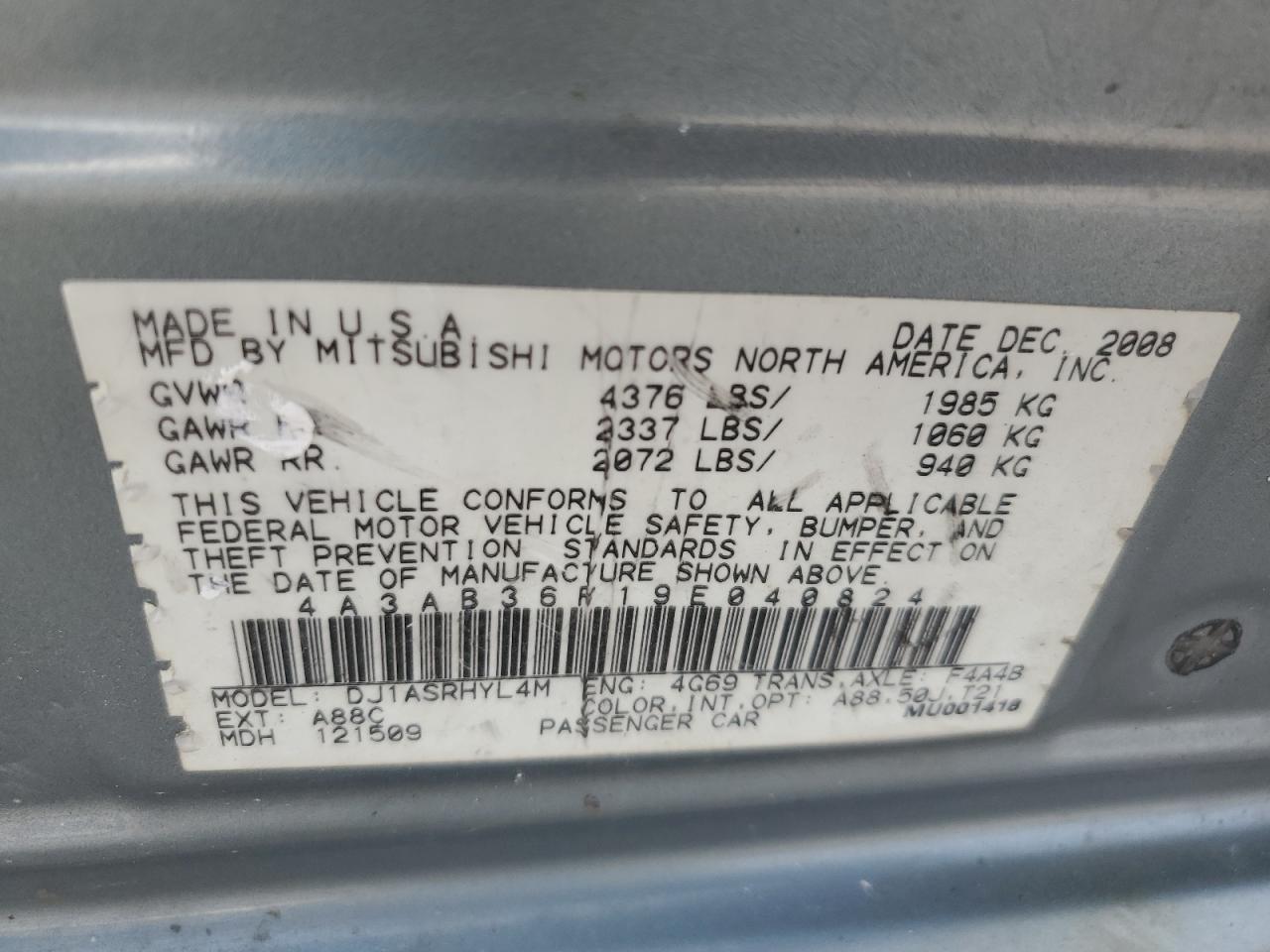 2009 Mitsubishi Galant Es VIN: 4A3AB36F19E040824 Lot: 59146945