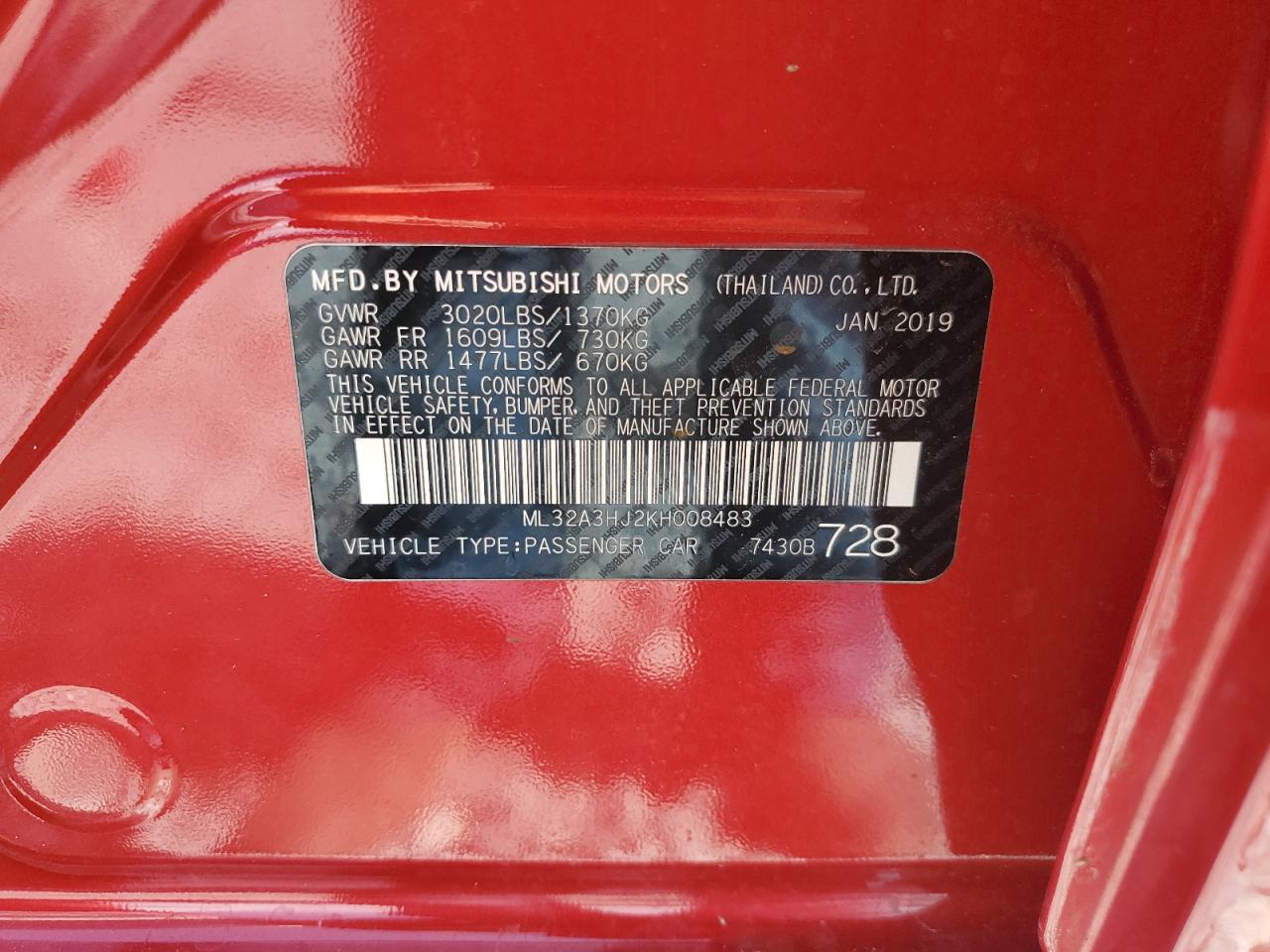 2019 Mitsubishi Mirage Es VIN: ML32A3HJ2KH008483 Lot: 63014145