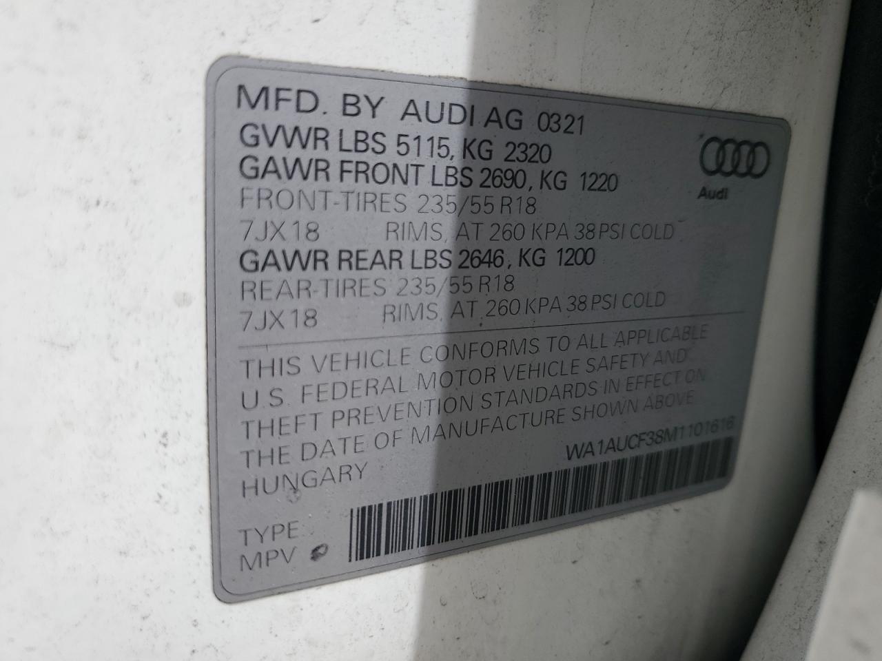 2021 Audi Q3 Premium 40 VIN: WA1AUCF38M1101616 Lot: 62206775
