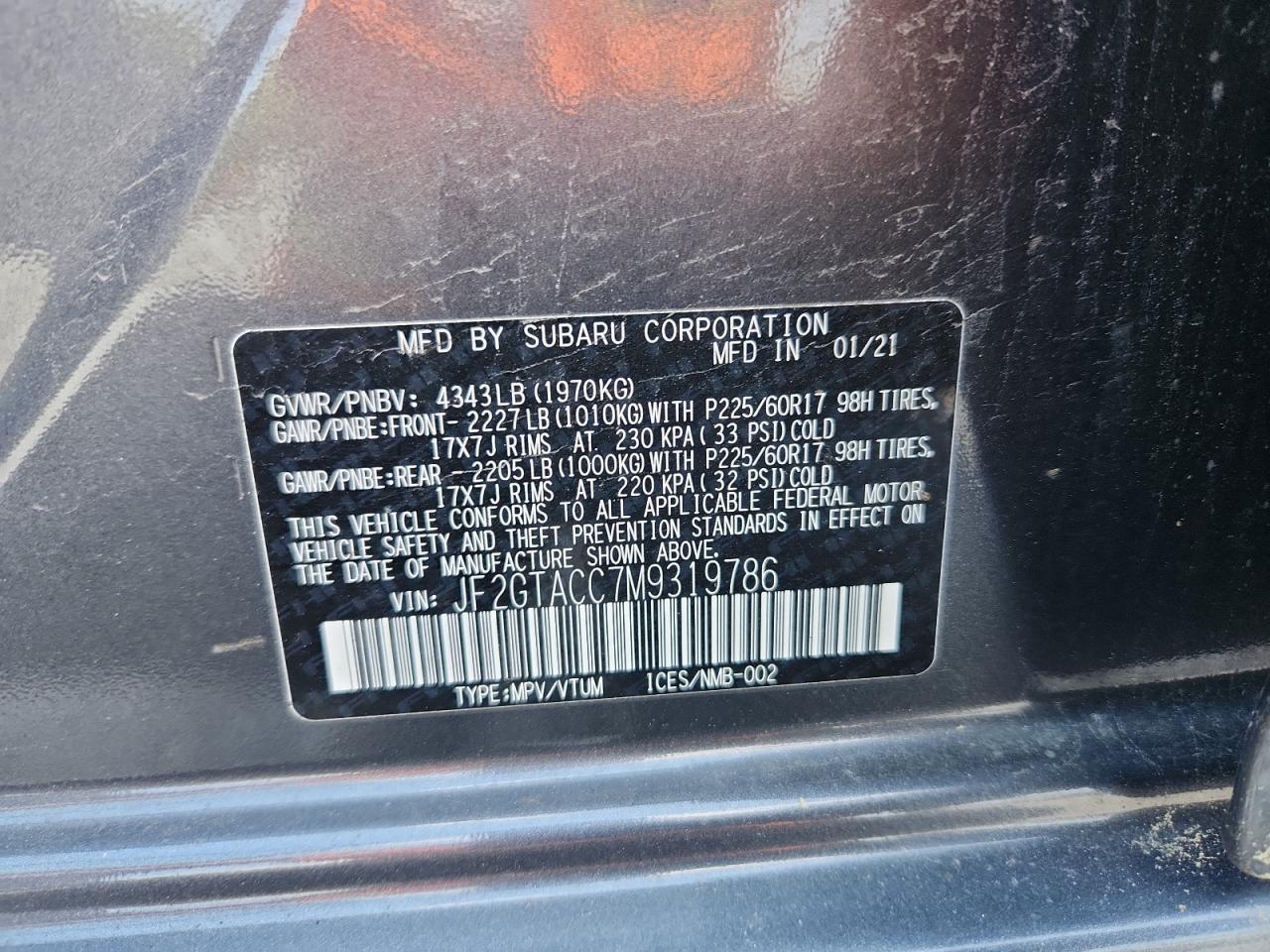2021 Subaru Crosstrek Premium VIN: JF2GTACC7M9319786 Lot: 62091675