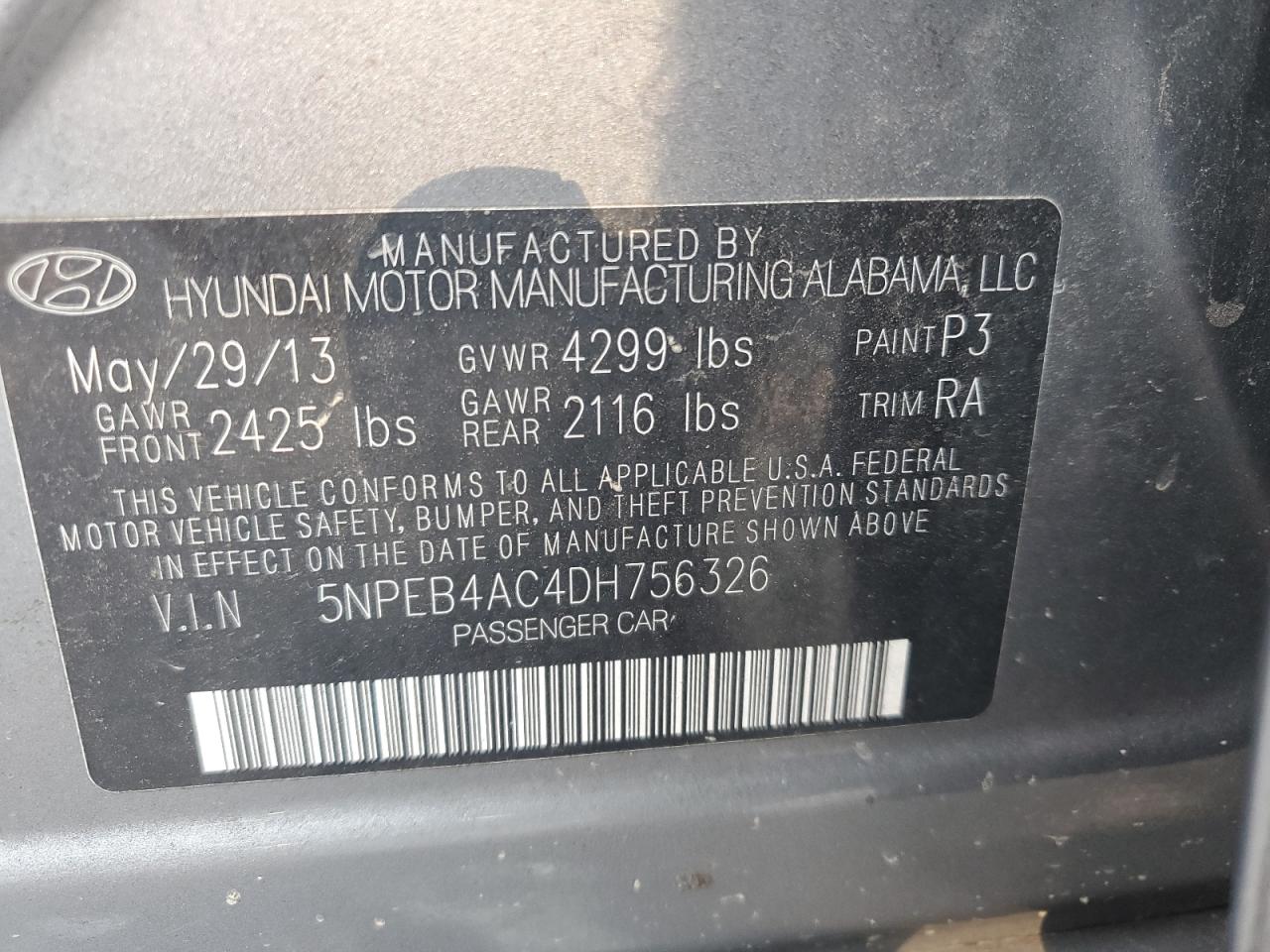 2013 Hyundai Sonata Gls VIN: 5NPEB4AC4DH756326 Lot: 62634335