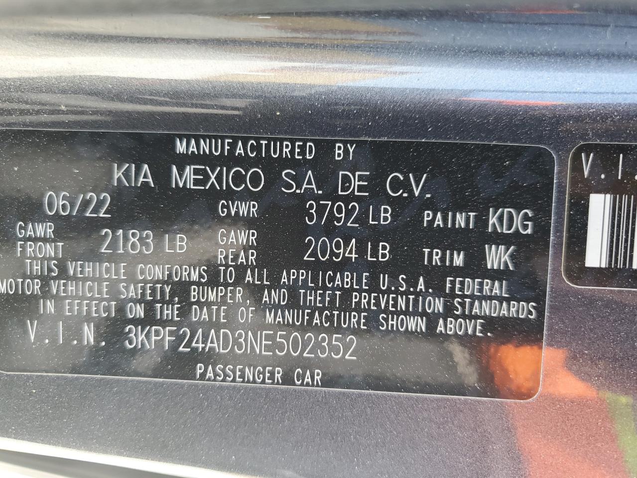 2022 Kia Forte Fe VIN: 3KPF24AD3NE502352 Lot: 62417075