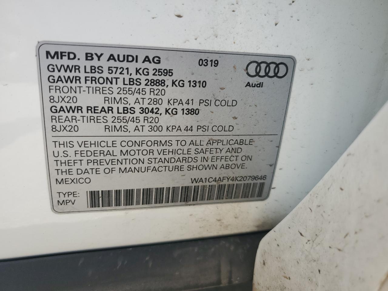 2019 Audi Sq5 Prestige VIN: WA1C4AFY4K2079646 Lot: 62340235