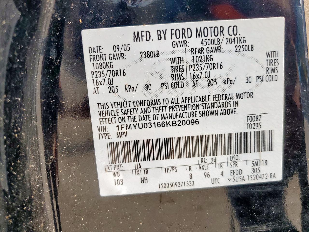 2006 Ford Escape Xlt VIN: 1FMYU03166KB20096 Lot: 61509815