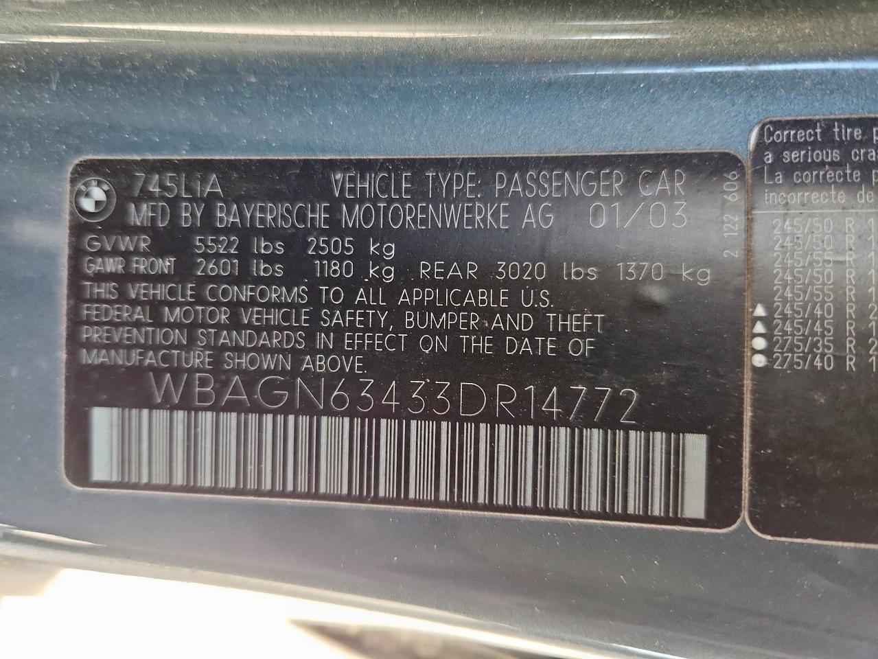 2003 BMW 745 Li VIN: WBAGN63433DR14772 Lot: 62383115