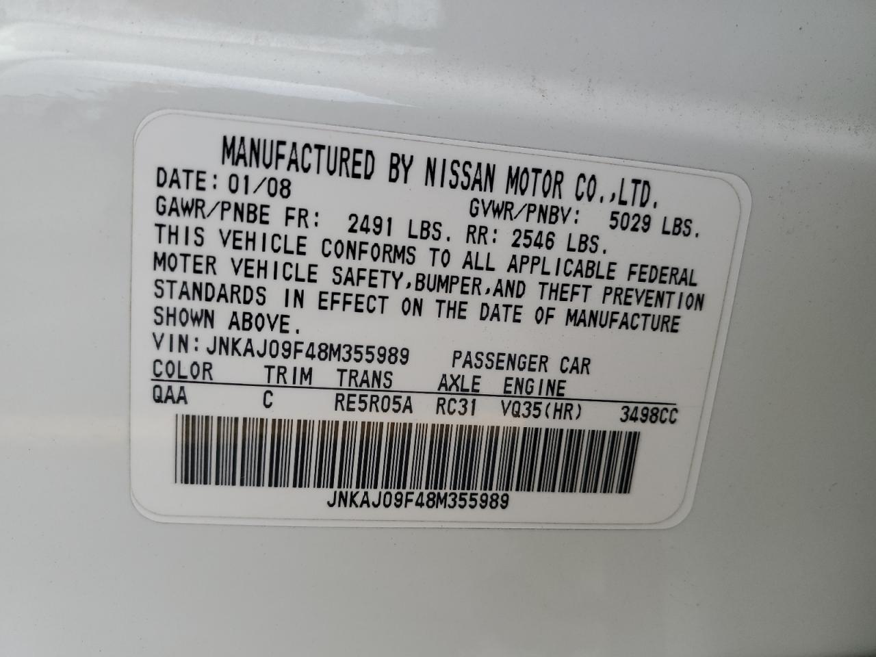 2008 Infiniti Ex35 Base VIN: JNKAJ09F48M355989 Lot: 61632025
