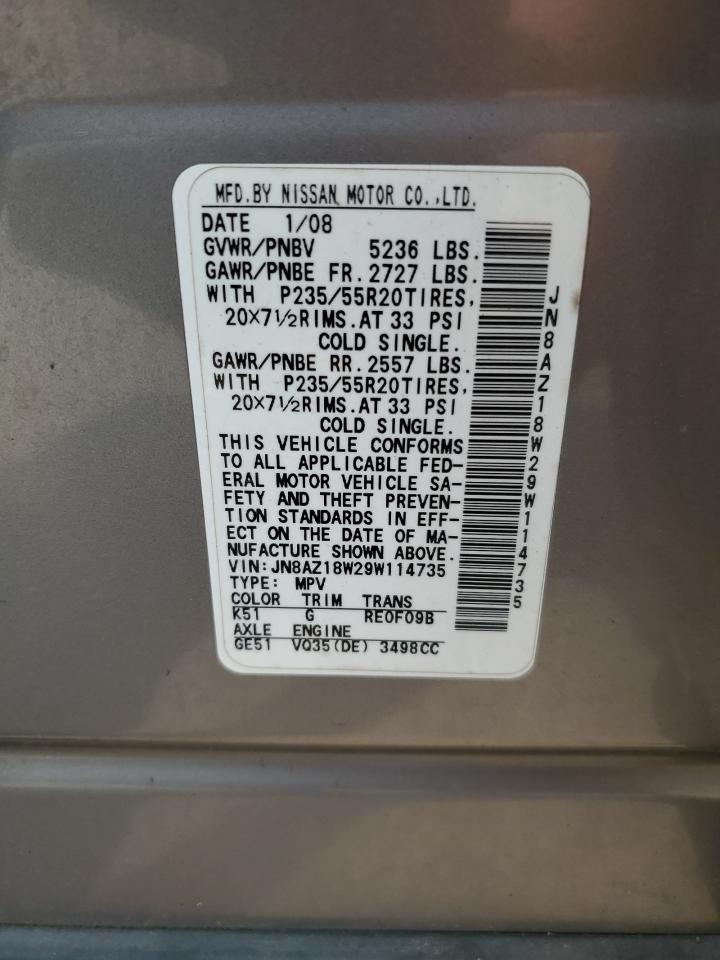 2009 Nissan Murano S VIN: JN8AZ18W29W114735 Lot: 59258375
