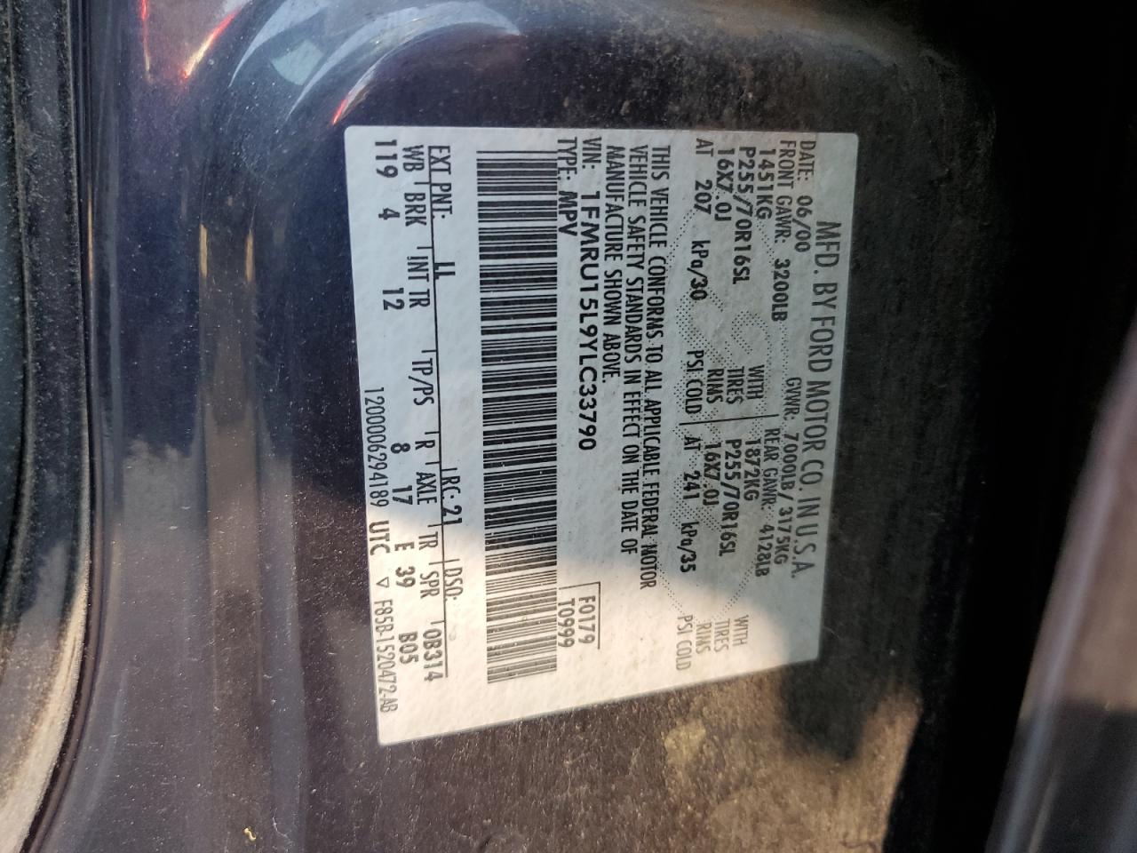 2000 Ford Expedition Xlt VIN: 1FMRU15L9YLC33790 Lot: 59720985
