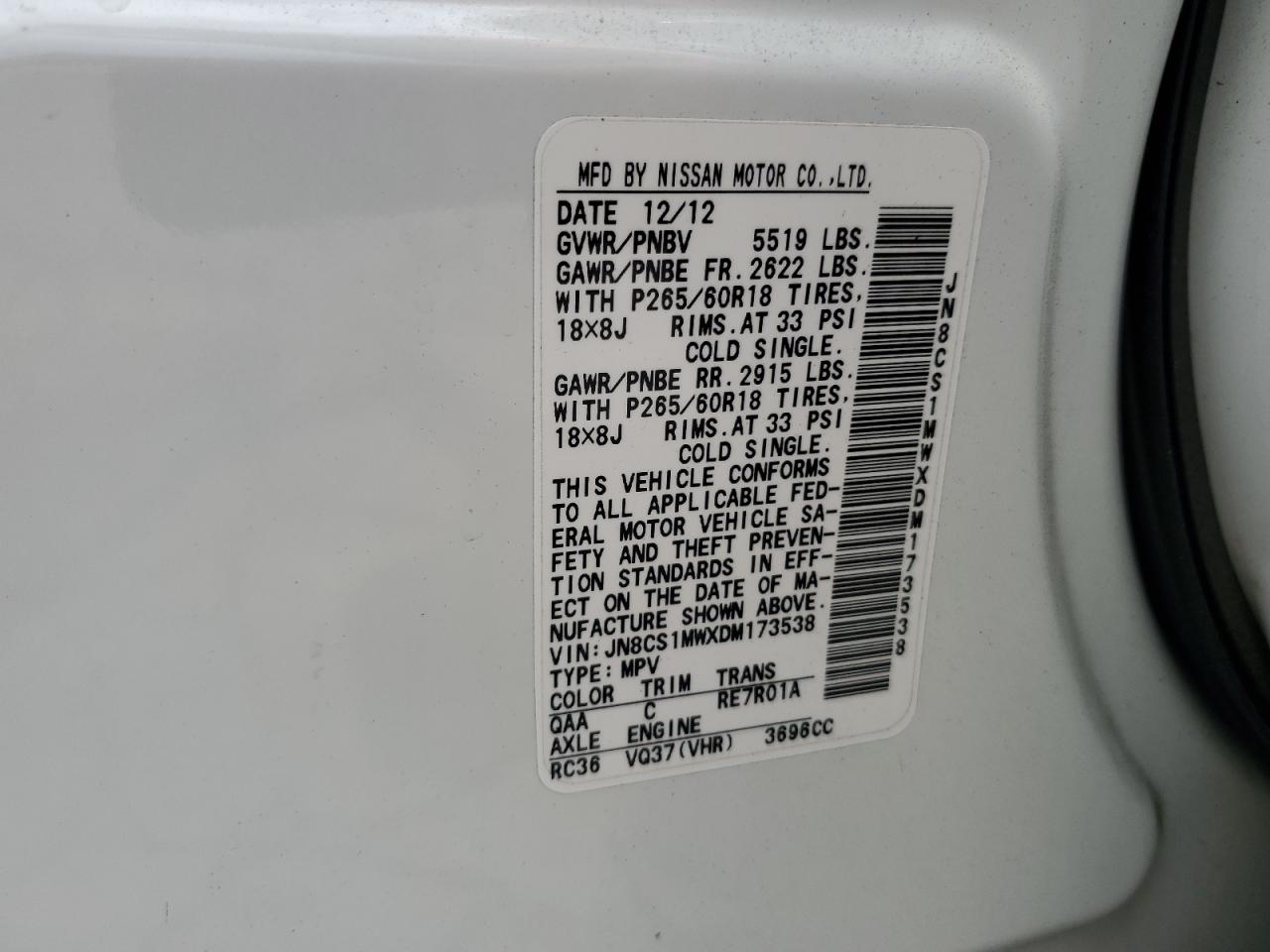 2013 Infiniti Fx37 VIN: JN8CS1MWXDM173538 Lot: 59340875