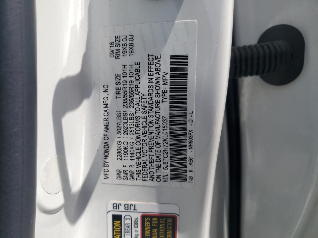 2019 Acura Rdx Advance VIN: 5J8TC2H72KL015037 Lot: 62401115