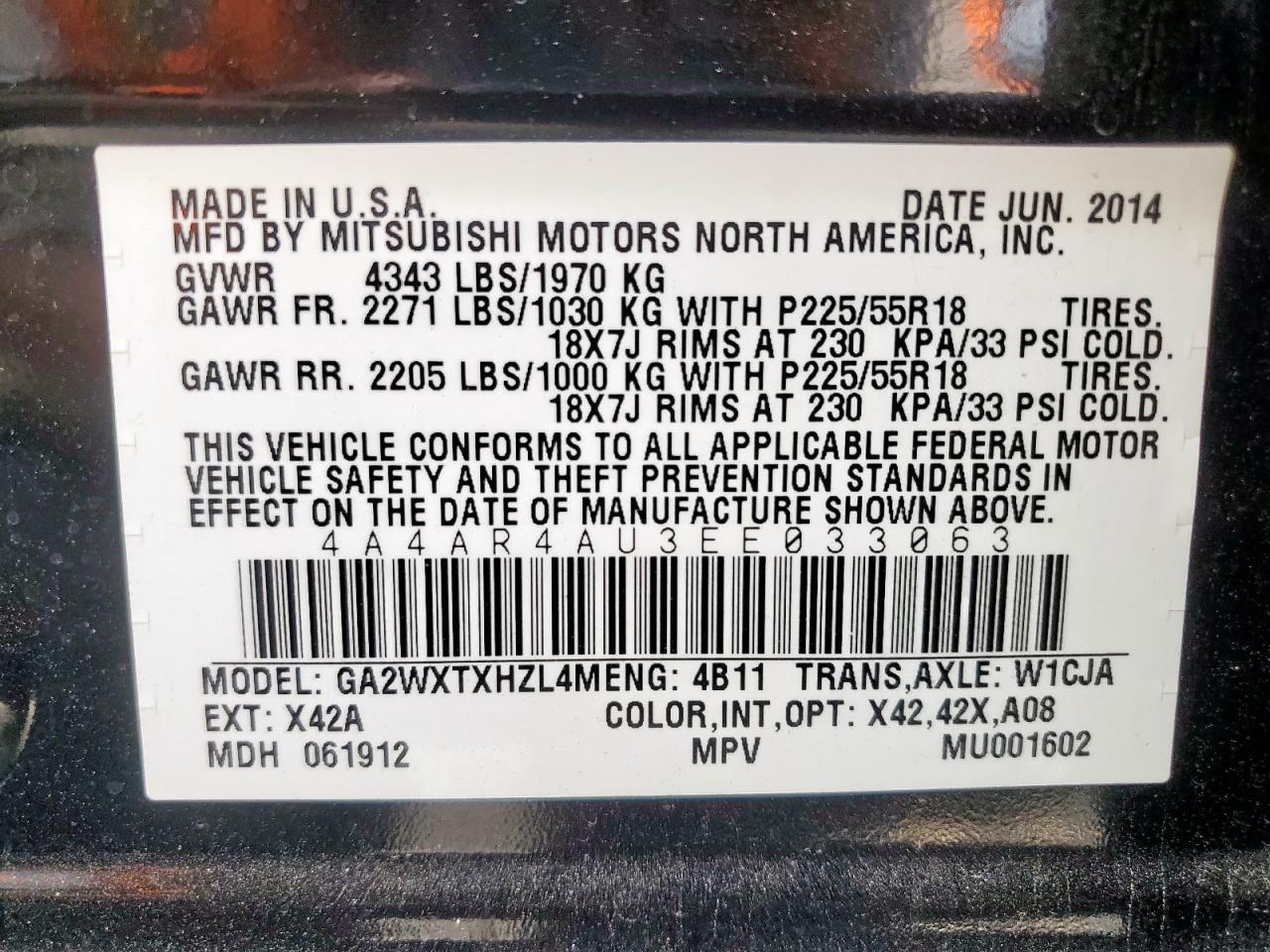2014 Mitsubishi Outlander Sport Se VIN: 4A4AR4AU3EE033063 Lot: 62356925