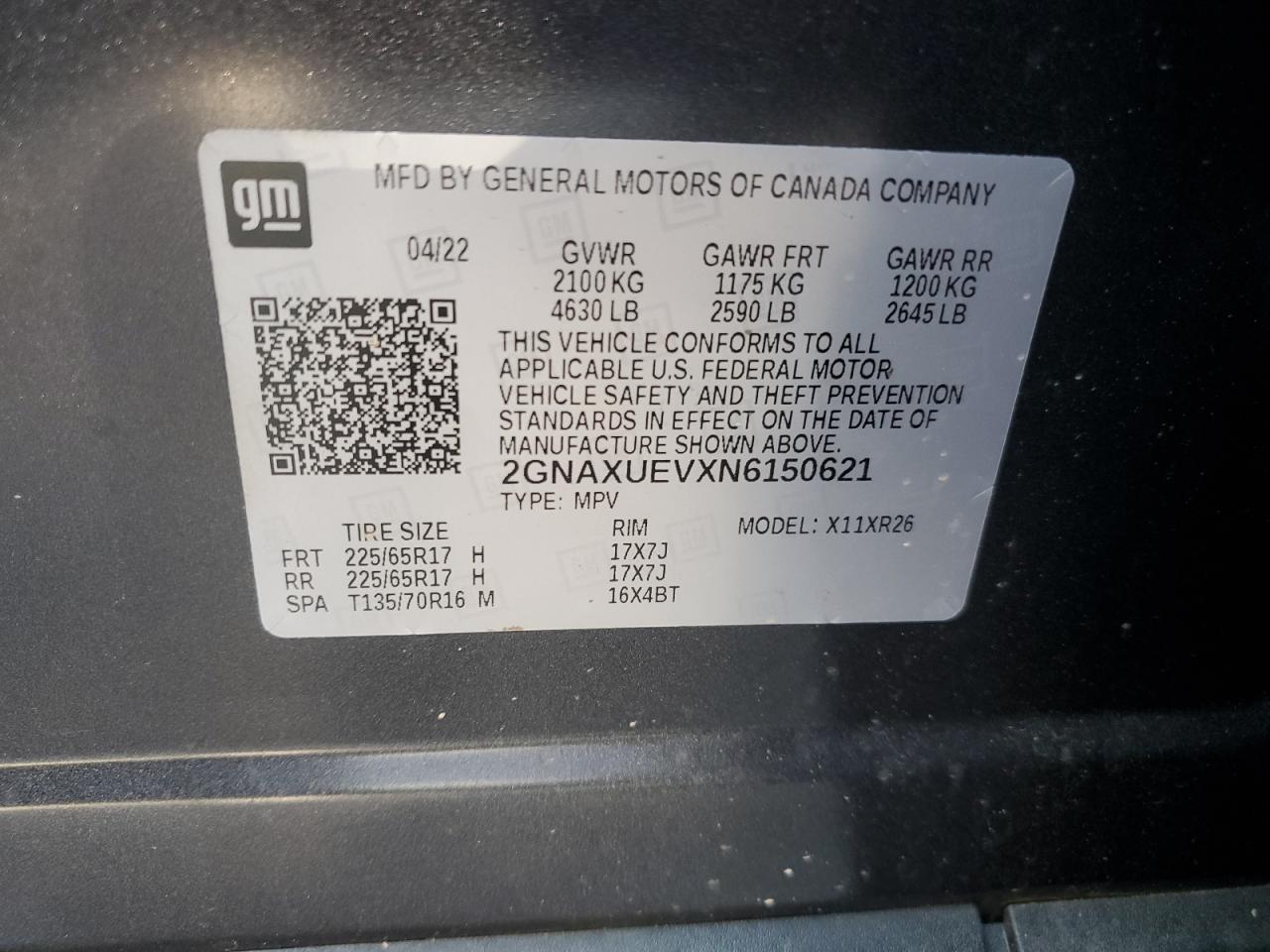 2022 Chevrolet Equinox Lt VIN: 2GNAXUEVXN6150621 Lot: 62782605