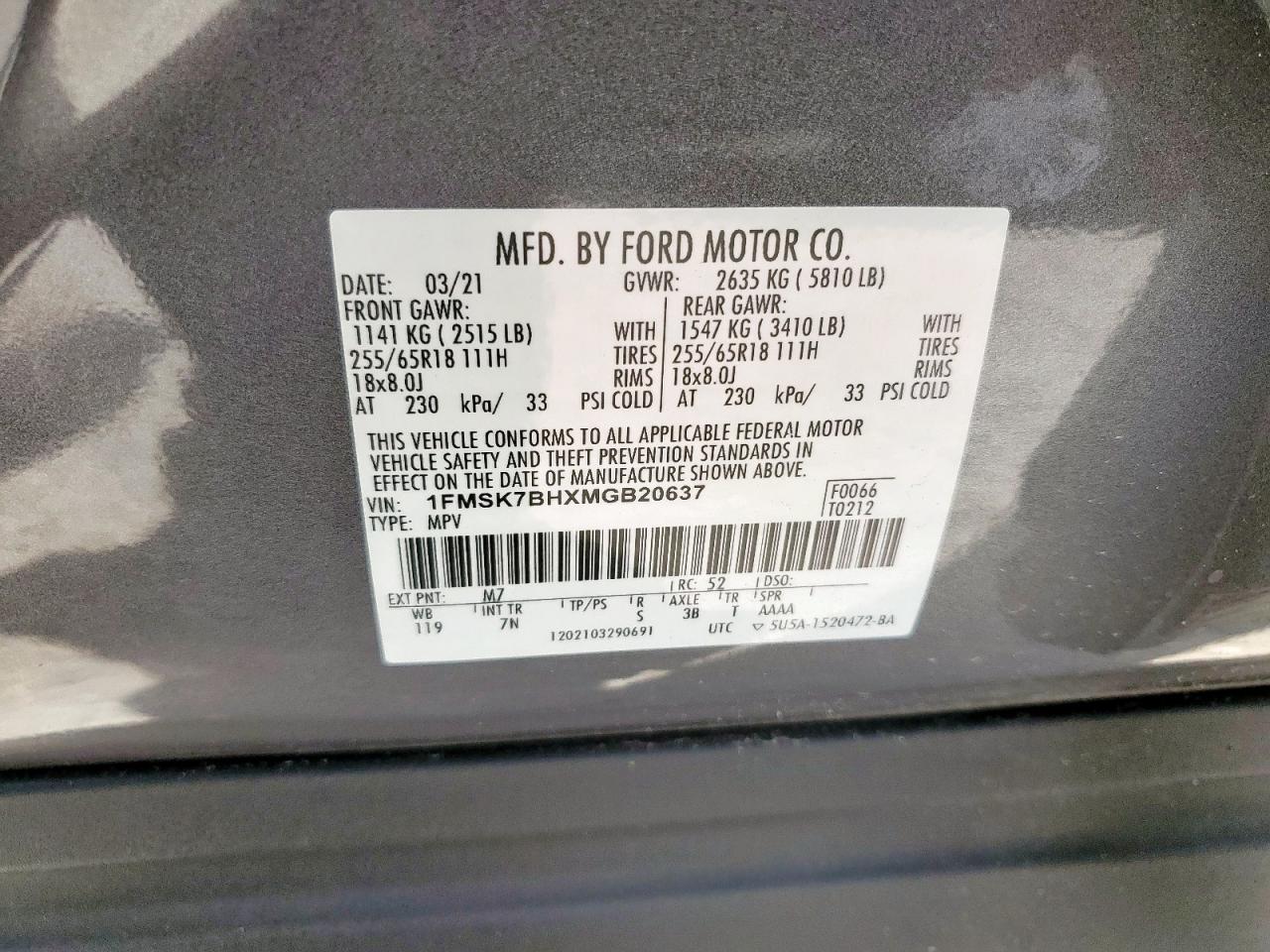 2021 Ford Explorer VIN: 1FMSK7BHXMGB20637 Lot: 61563045