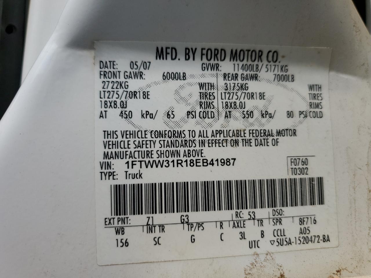 2008 Ford F350 Srw Super Duty VIN: 1FTWW31R18EB41987 Lot: 61446885