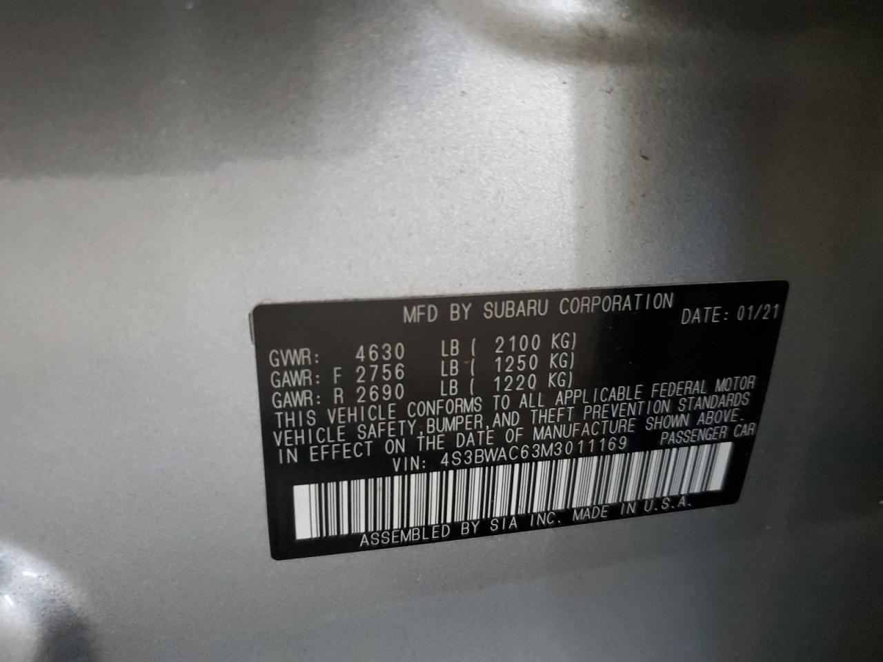 2021 Subaru Legacy Premium VIN: 4S3BWAC63M3011169 Lot: 60262435