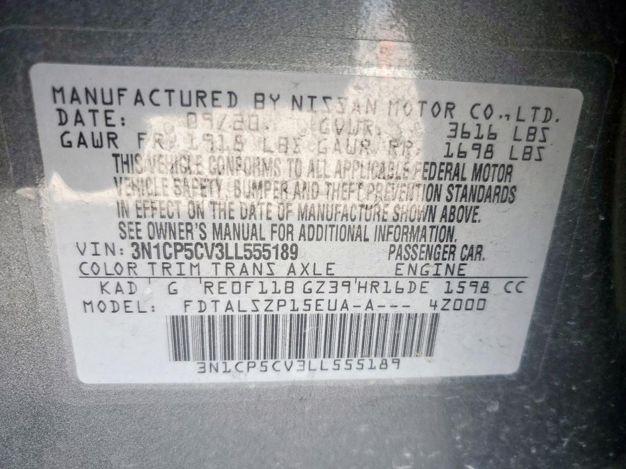 2020 Nissan Kicks Sv VIN: 3N1CP5CV3LL555189 Lot: 61930375