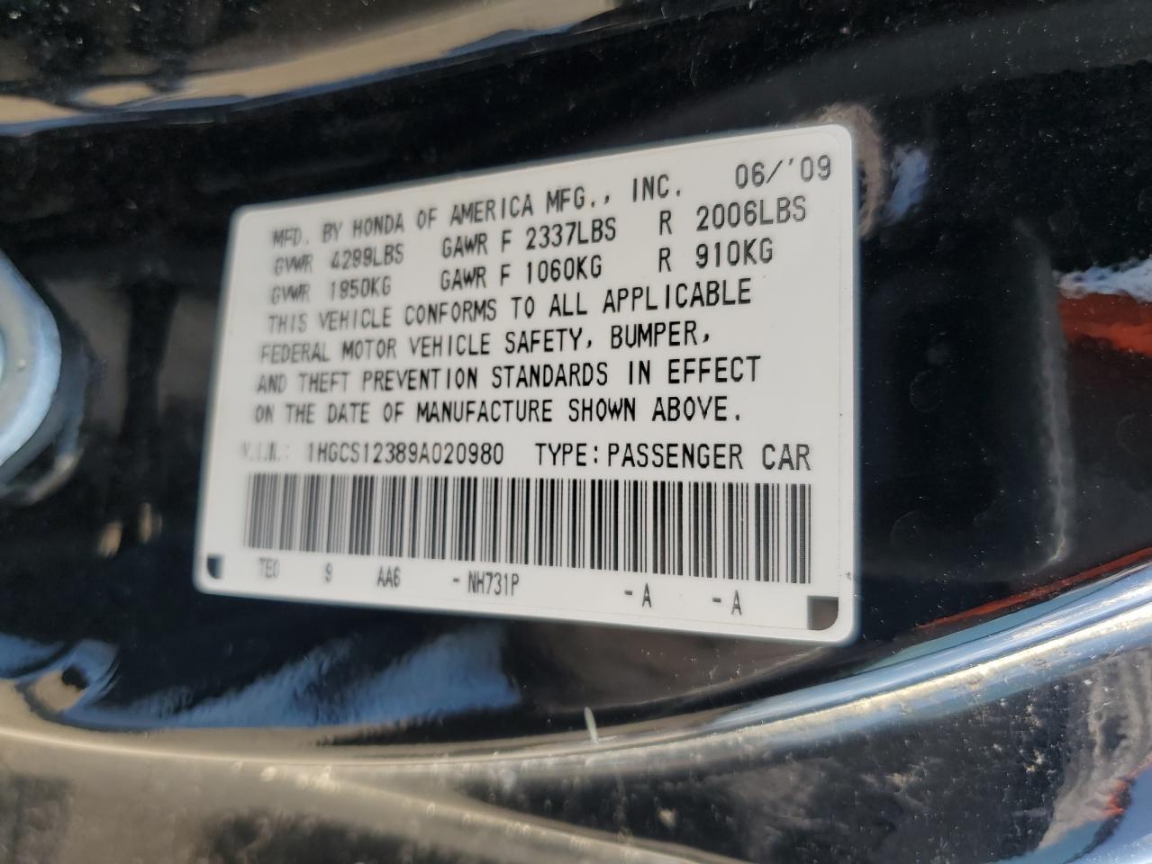 HONDA ACCORD 2009 VIN 1HGCS12389A020980 фото 12
