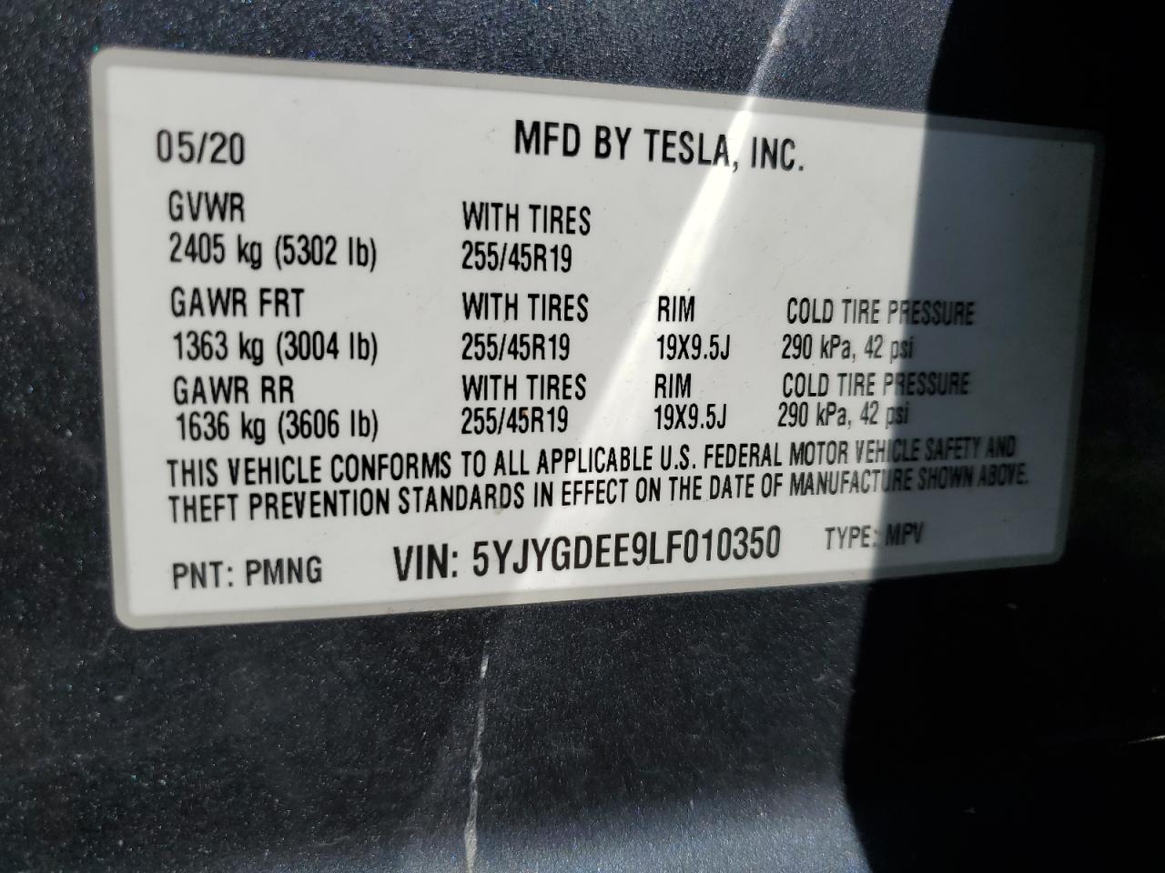 2020 Tesla Model Y VIN: 5YJYGDEE9LF010350 Lot: 61579185
