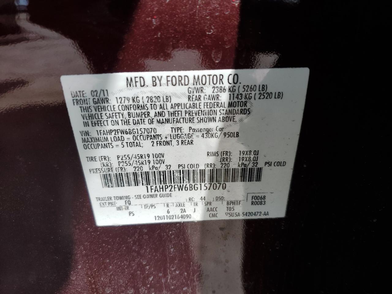 2011 Ford Taurus Limited VIN: 1FAHP2FW6BG157070 Lot: 59300415
