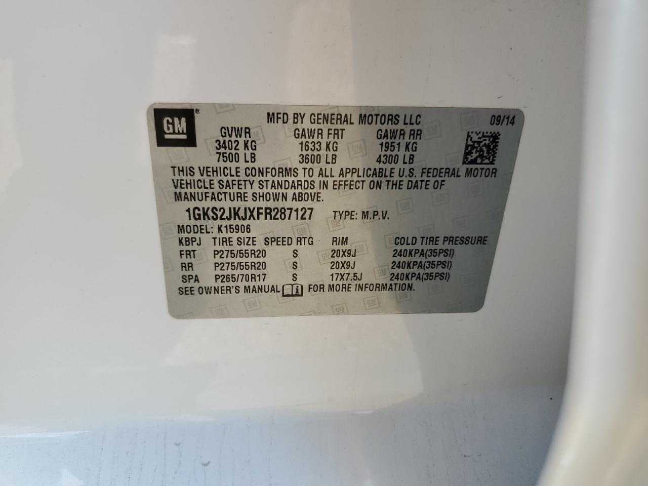 GMC YUKON 2015 VIN 1GKS2JKJXFR287127 фото 14