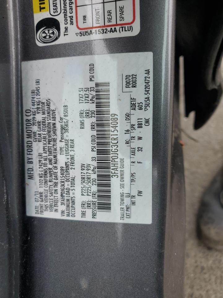 2012 Ford Fusion Sel VIN: 3FAHP0JG3CR154089 Lot: 62836435