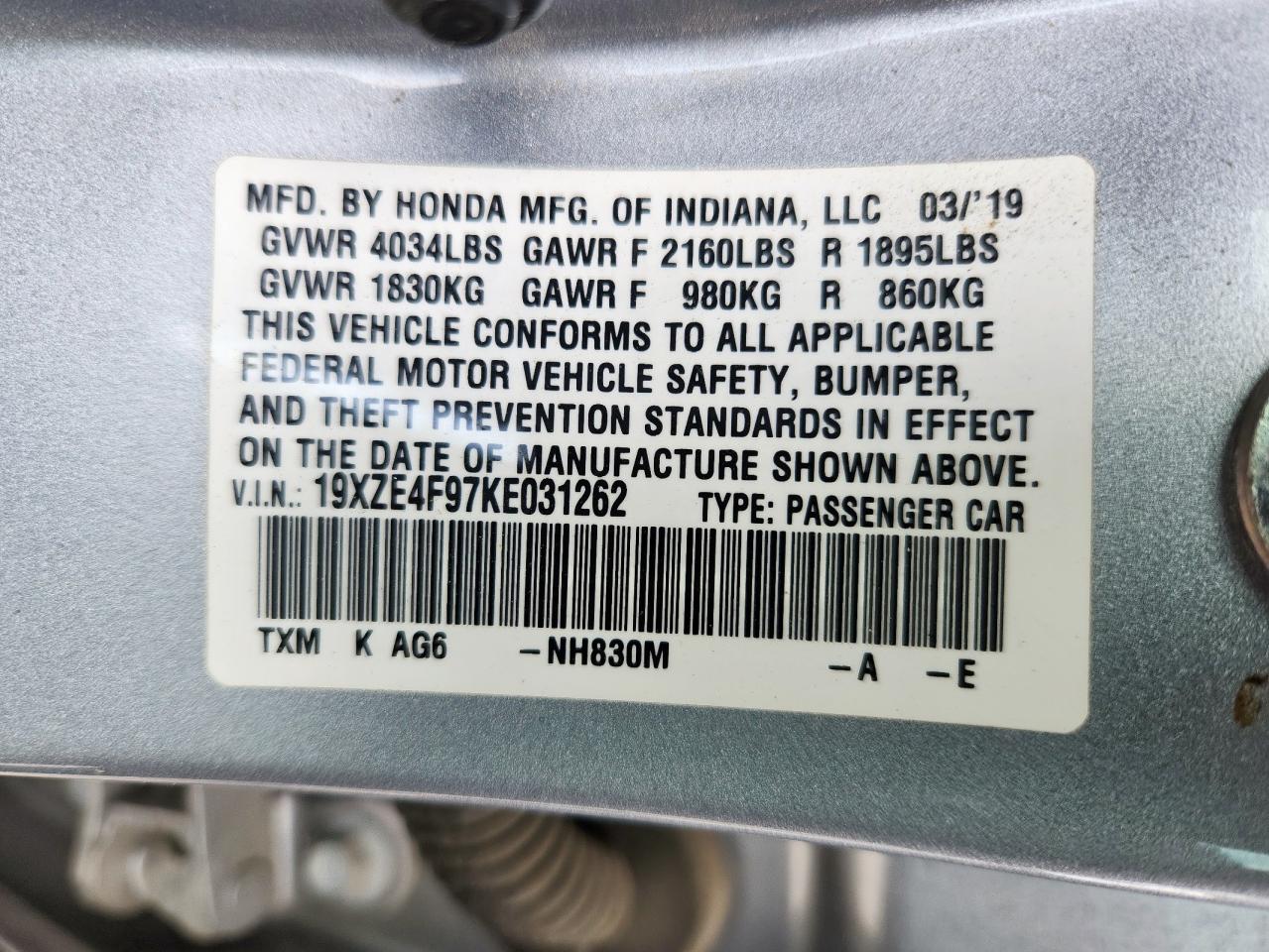 2019 Honda Insight Touring VIN: 19XZE4F97KE031262 Lot: 62709505