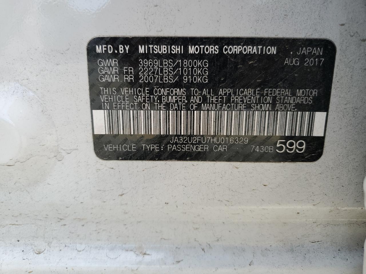 2017 Mitsubishi Lancer Es VIN: JA32U2FU7HU016329 Lot: 61797205