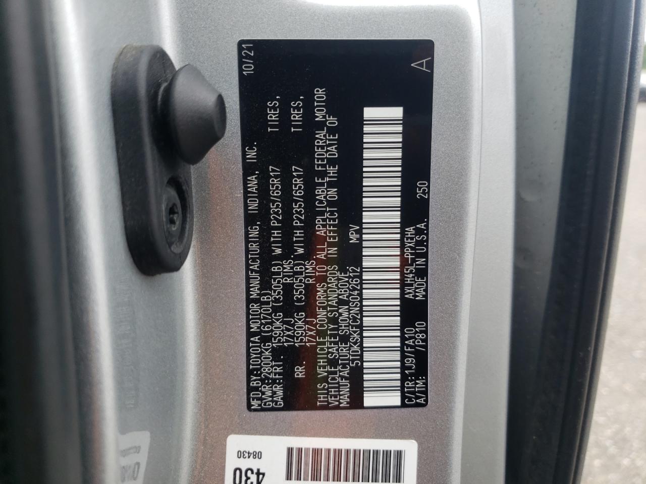 2022 Toyota Sienna Le VIN: 5TDKSKFC2NS042612 Lot: 62808065