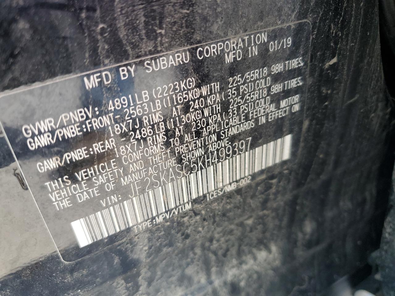 2019 Subaru Forester Limited VIN: JF2SKASC5KH499397 Lot: 61423925