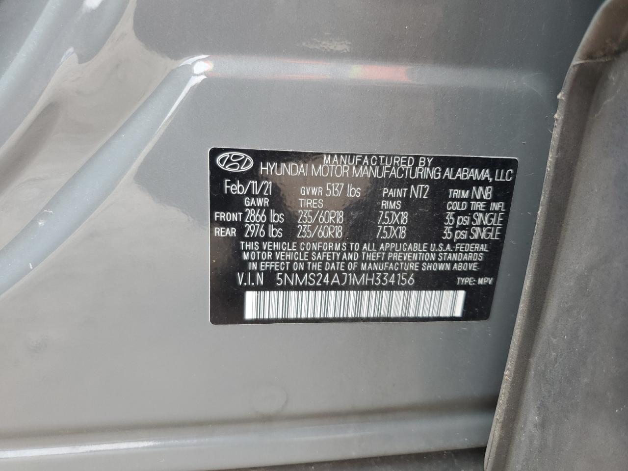 2021 Hyundai Santa Fe Sel VIN: 5NMS24AJ1MH334156 Lot: 62276845