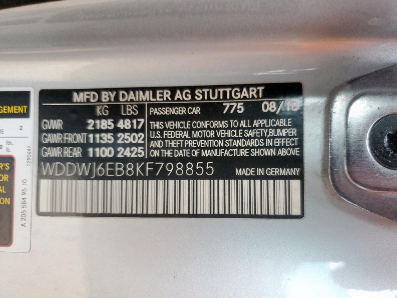 2019 Mercedes-Benz C 43 Amg VIN: WDDWJ6EB8KF798855 Lot: 62180865
