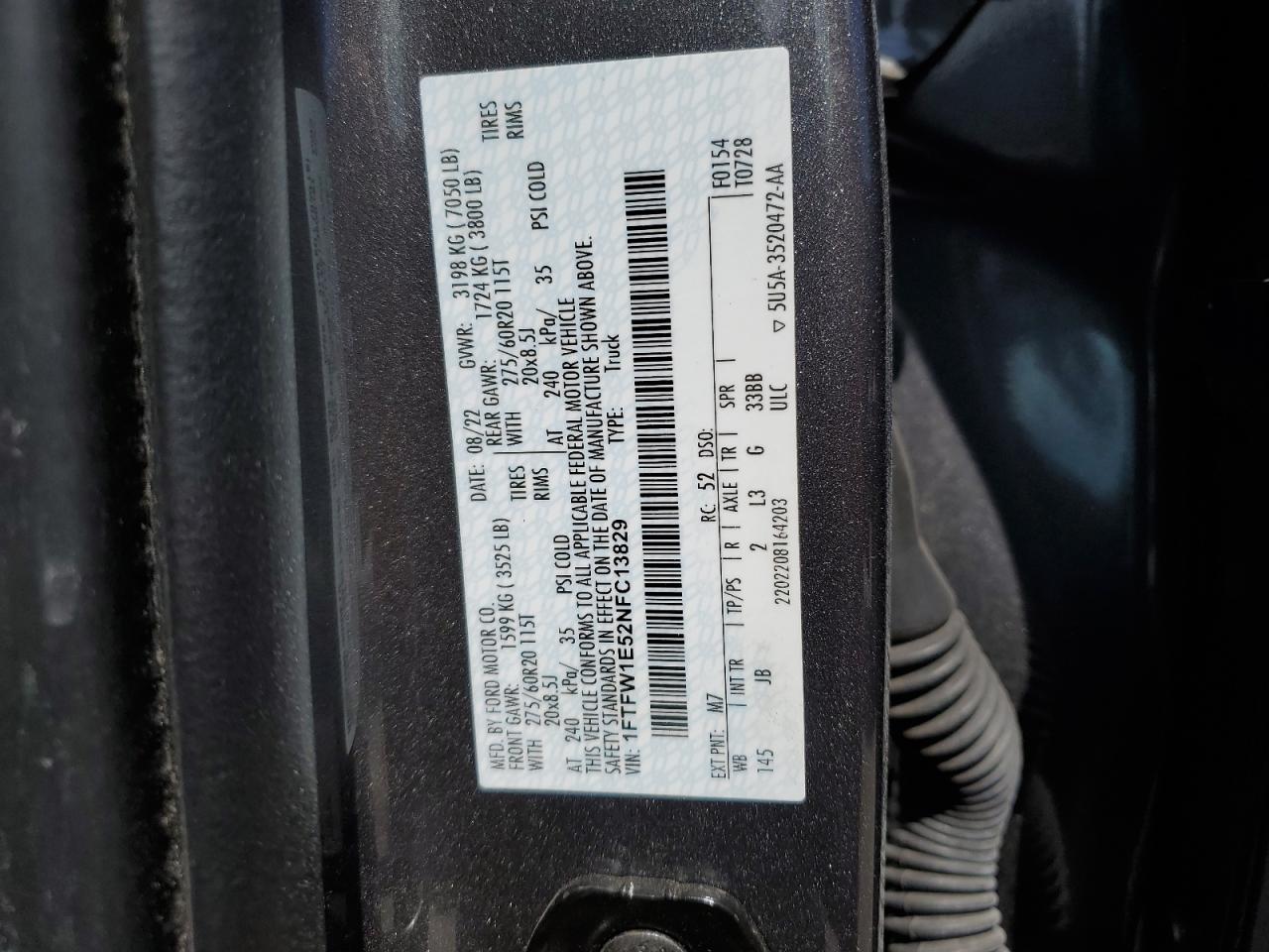 2022 Ford F150 Supercrew VIN: 1FTFW1E52NFC13829 Lot: 61935915