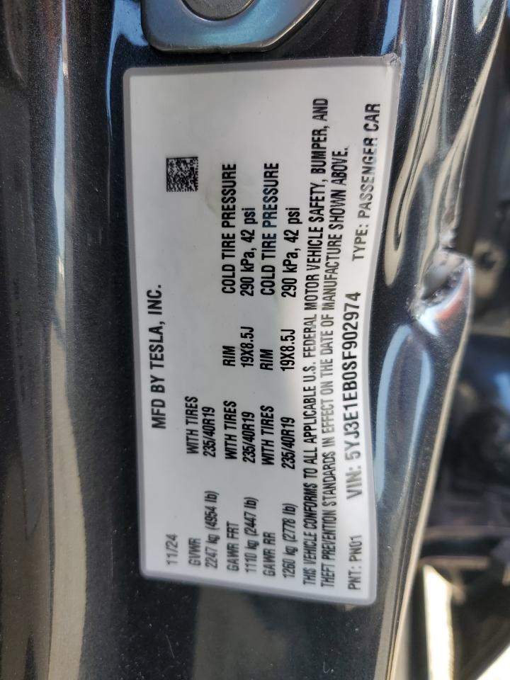 2025 Tesla Model 3 VIN: 5YJ3E1EB0SF902974 Lot: 59728245
