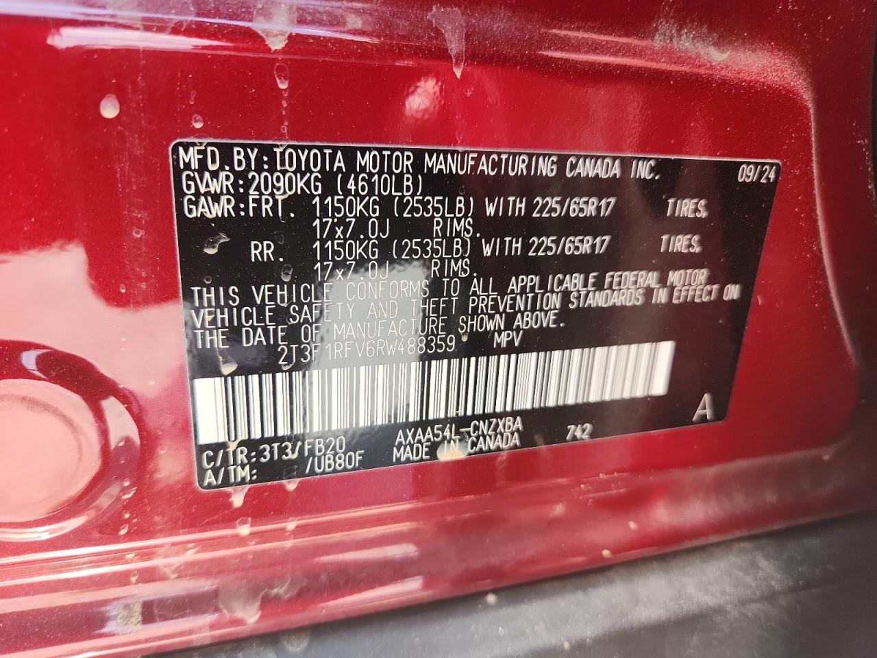 2024 Toyota Rav4 Le VIN: 2T3F1RFV6RW488359 Lot: 62122425