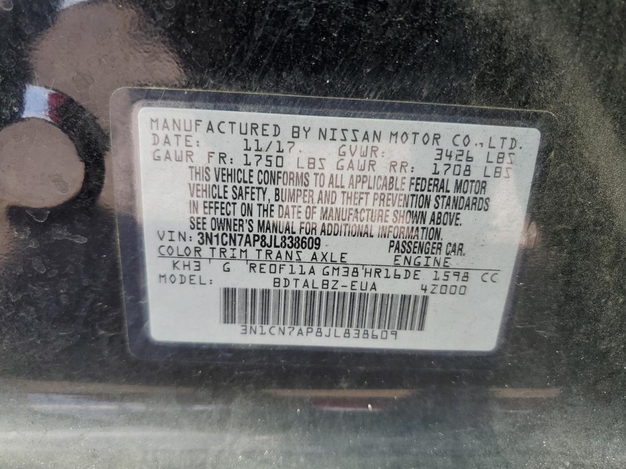 NISSAN VERSA 2018 VIN 3N1CN7AP8JL838609 zdjęcie 12