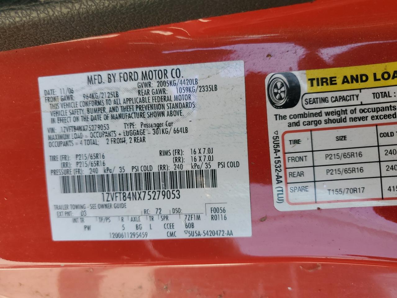 2007 Ford Mustang VIN: 1ZVFT84NX75279053 Lot: 61104685