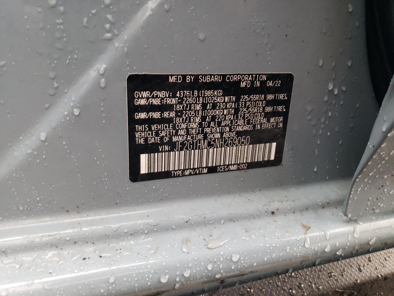 2022 Subaru Crosstrek Limited VIN: JF2GTHMC5NH269050 Lot: 61970525