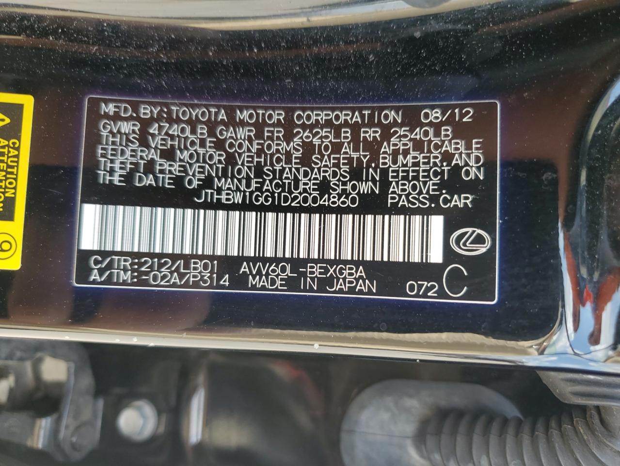 2013 Lexus Es 300H VIN: JTHBW1GG1D2004860 Lot: 62884725