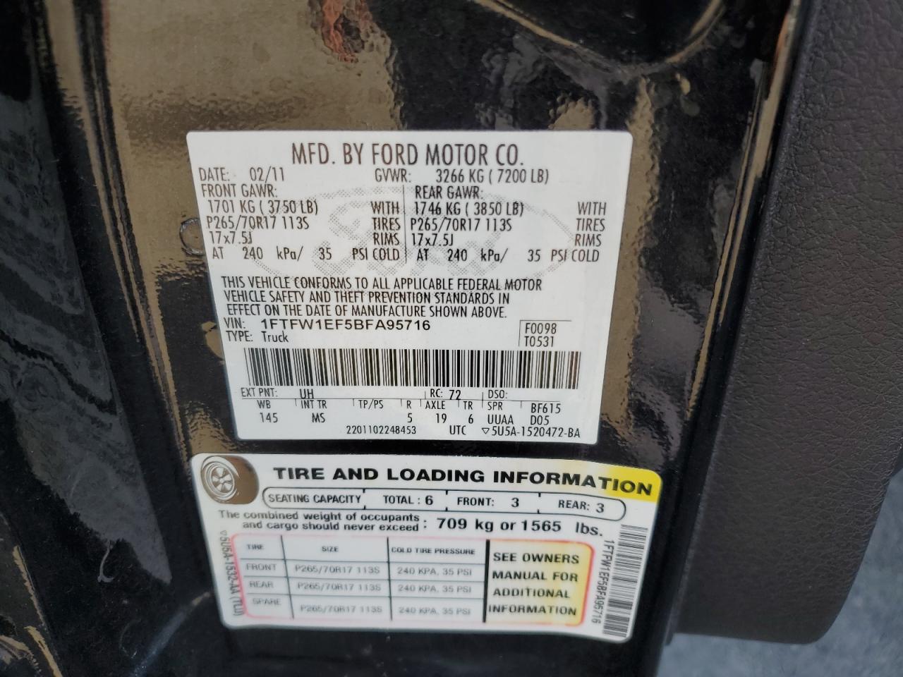 2011 Ford F150 Supercrew VIN: 1FTFW1EF5BFA95716 Lot: 61855815