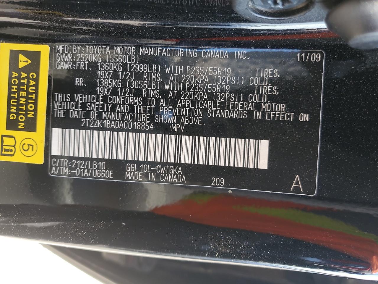 2010 Lexus Rx 350 VIN: 2T2ZK1BA0AC018854 Lot: 61998025
