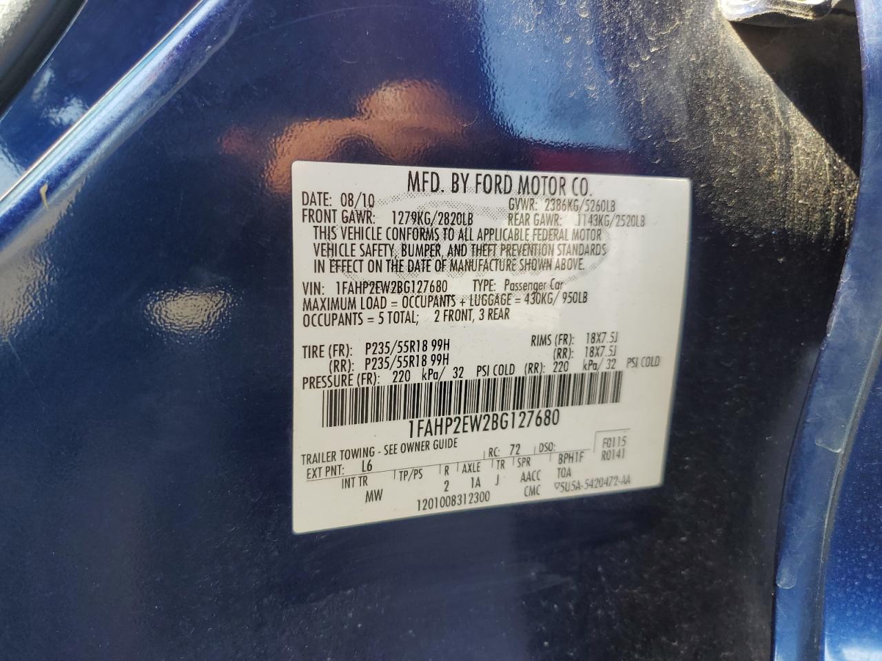 2011 Ford Taurus Sel VIN: 1FAHP2EW2BG127680 Lot: 59809755