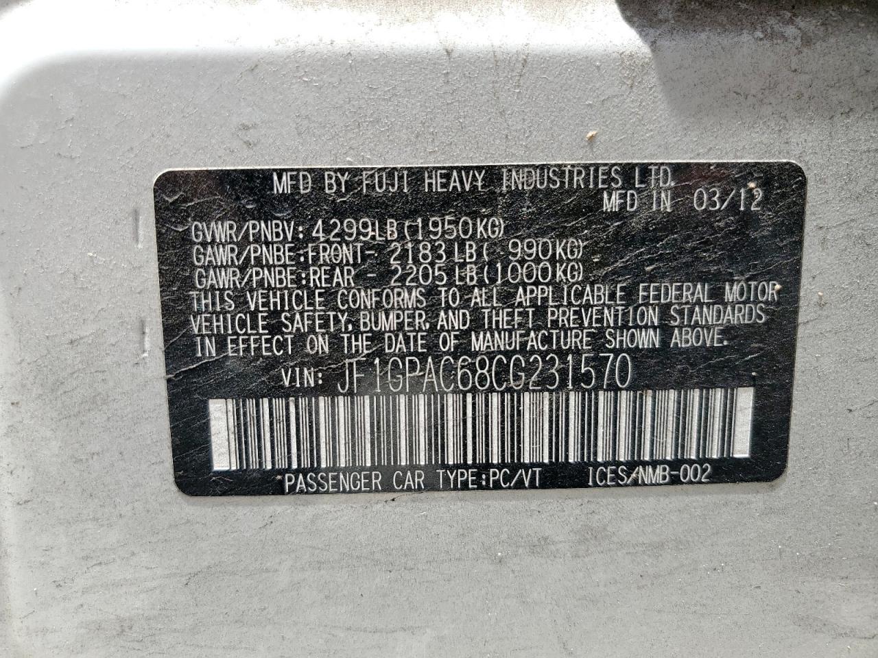 2012 Subaru Impreza Premium VIN: JF1GPAC68CG231570 Lot: 62942705