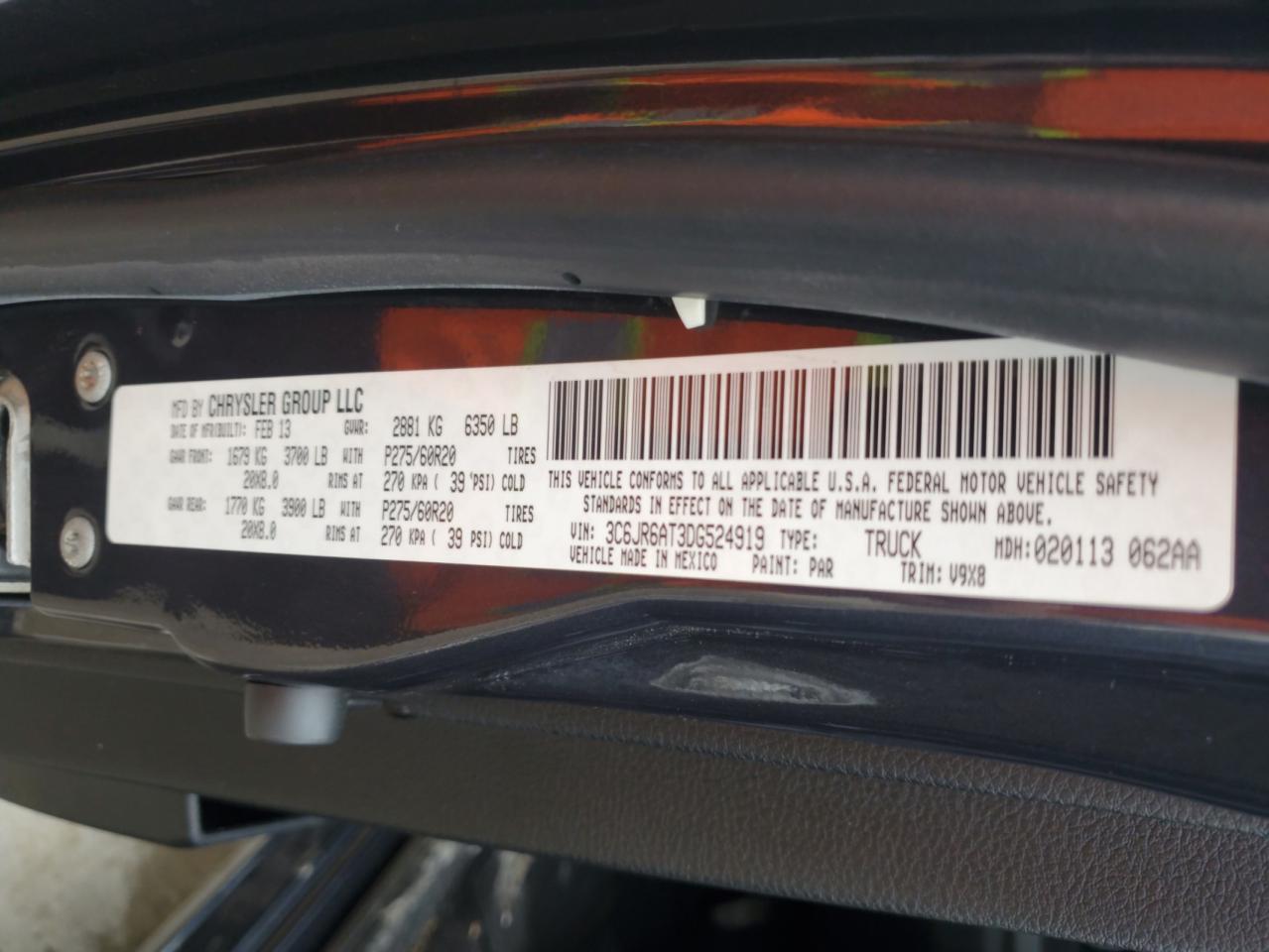 2013 Ram 1500 St VIN: 3C6JR6AT3DG524919 Lot: 61612385