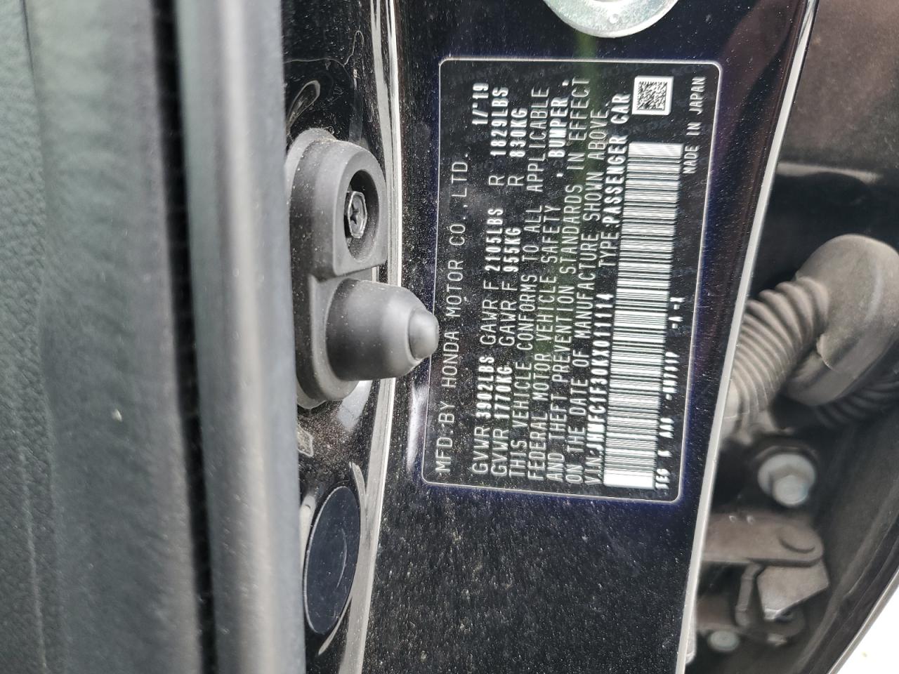 JHMFC1F30KX011114 HONDA CIVIC 2019