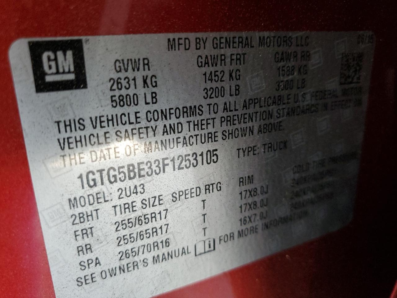 2015 GMC Canyon Sle VIN: 1GTG5BE33F1253105 Lot: 61854275