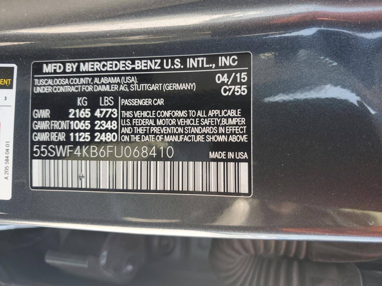 2015 Mercedes-Benz C 300 4Matic VIN: 55SWF4KB6FU068410 Lot: 60426435