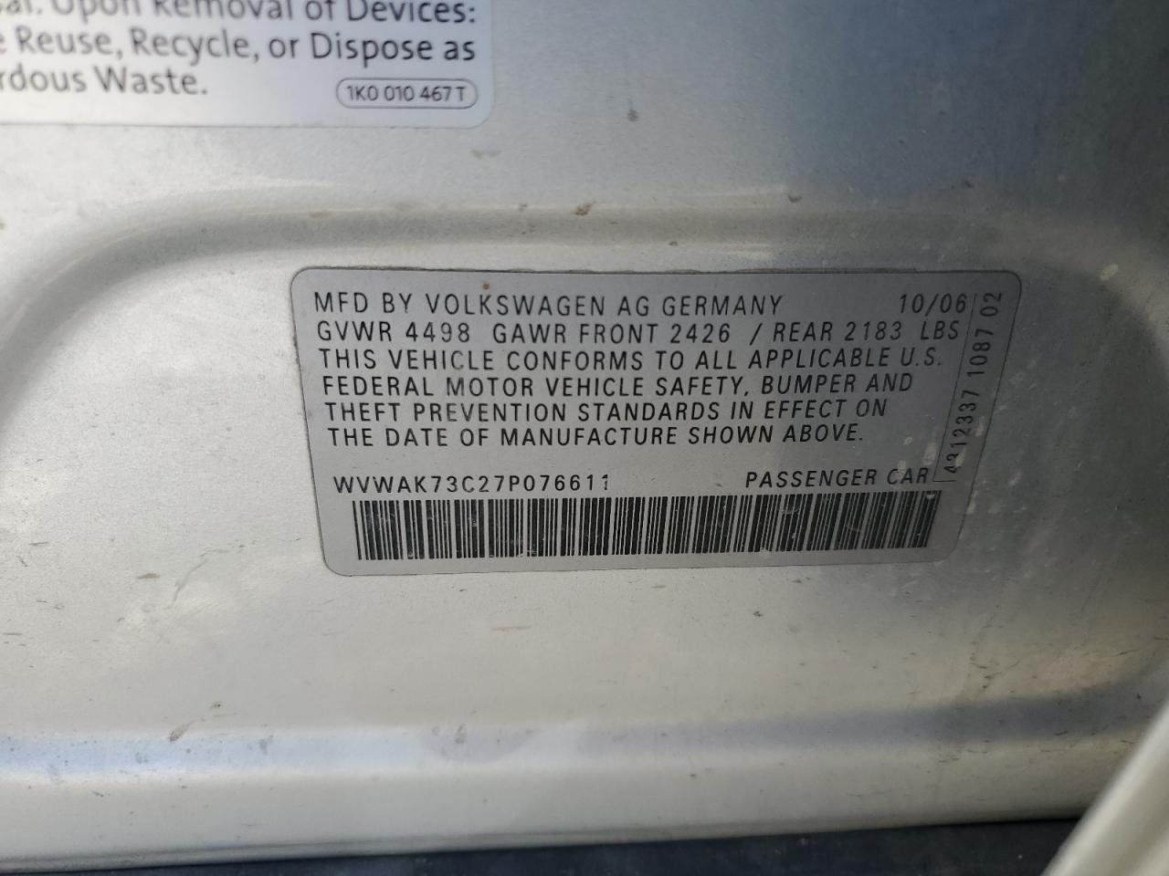 2007 Volkswagen Passat 2.0T VIN: WVWAK73C27P076611 Lot: 59807915