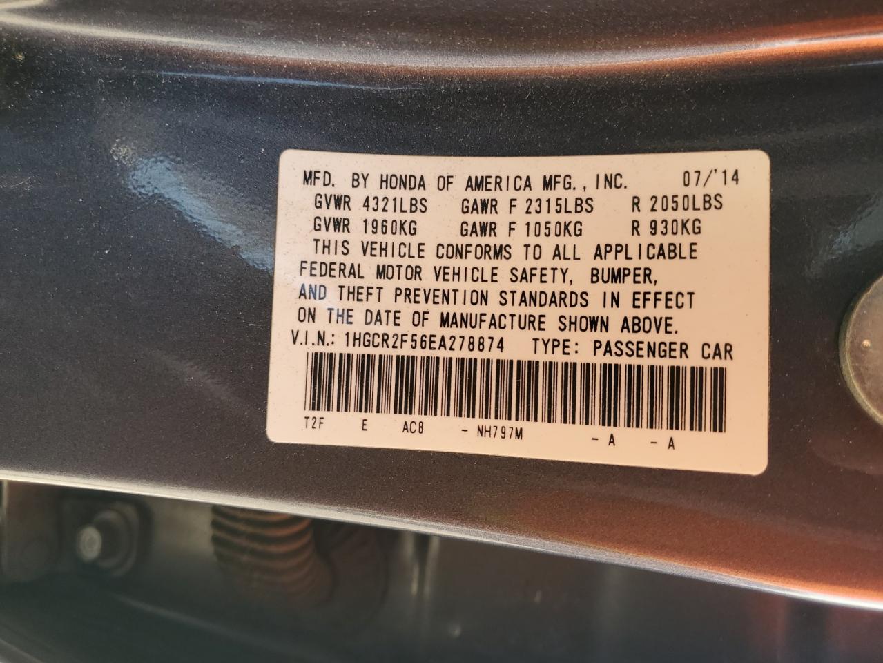 2014 Honda Accord Sport VIN: 1HGCR2F56EA278874 Lot: 63114745
